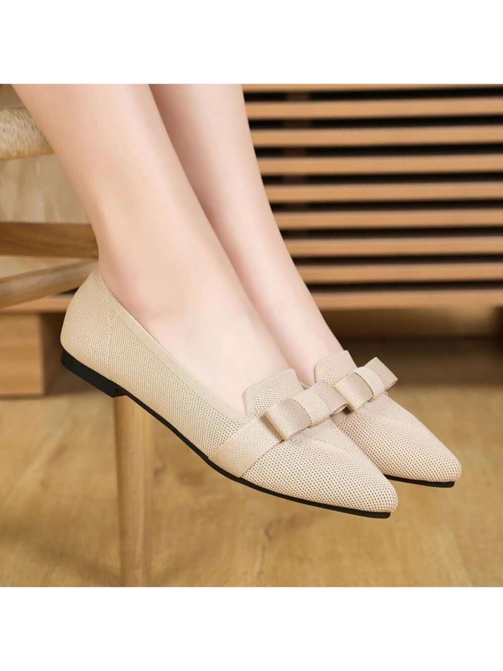 Women's Nude Knit Pointed Toe Casual Slip On Mesh Breathable Comfortable Flats - Picture 6 of 6